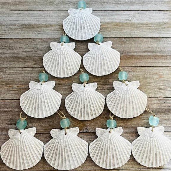 12 scallop seashell ornaments with recycled blue sea glass bead shell beach - Picture 1 of 3
